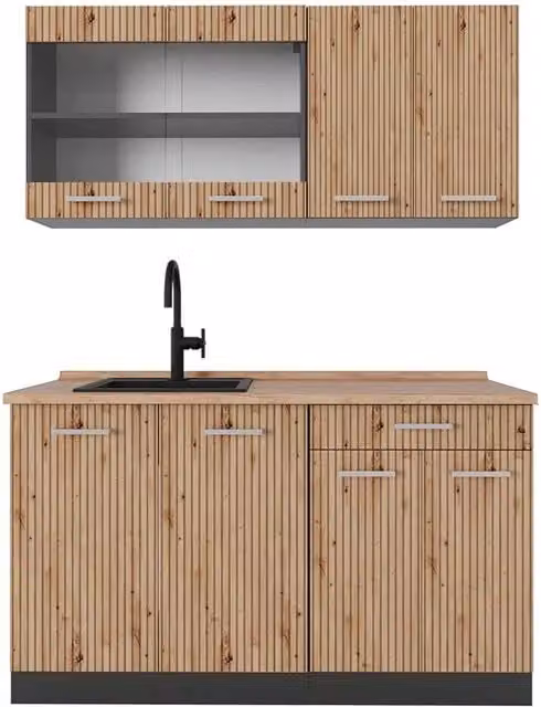 Cucina monoblocco R-Line Rovere artigianale/Antracite 140 cm, PL Rovere Vicco