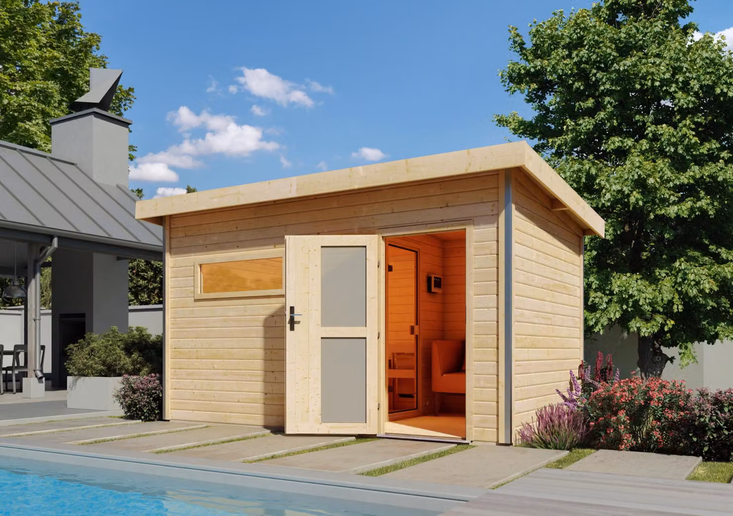 Sauna da giardino in legno Karibu / casa della sauna "Skrollan 3" naturale 396 x 231 x 227 cm (L x P x H) con riscaldatore 9 kW + centralina Easy Finnish con porta in vetro smerigliato, finestra quadrata