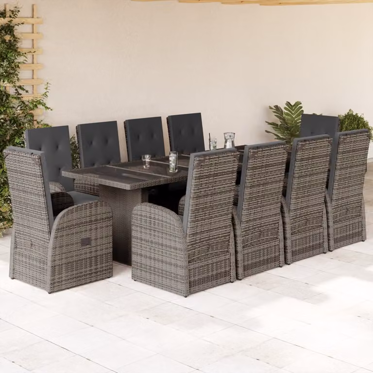 Set da pranzo da giardino vidaXL in polyrattan grigio con cuscini e piano in vetro, 11 pezzi