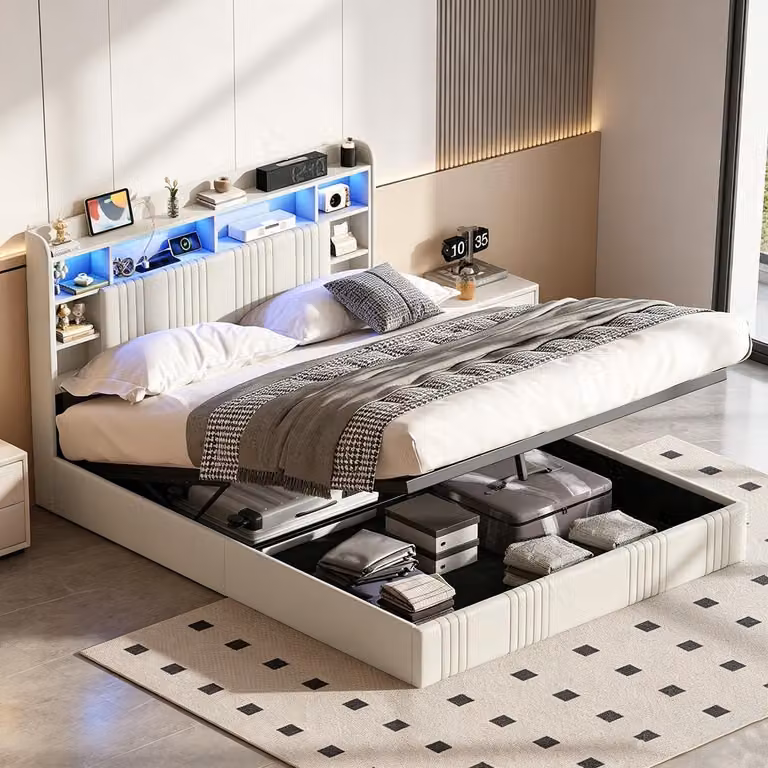 Letto matrimoniale con boxspring, imbottito, 160x200 cm, con LED e porte USB/C, letto idraulico con spazio contenitore, testiera, design moderno, tessuto: lino, colore: beige