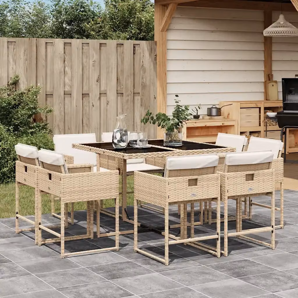 Set da Pranzo da Giardino 9 pz in Polyrattan con Piano in Vetro e Cuscini Beige e Bianco – 2