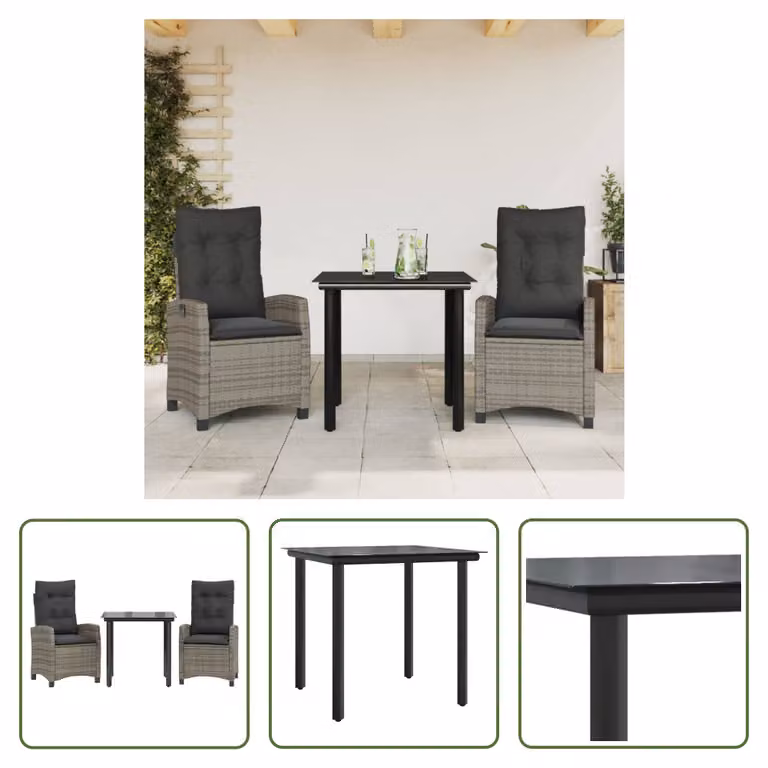 The Living Store Set da pranzo da giardino in 3 pezzi con cuscini in poly rattan grigio