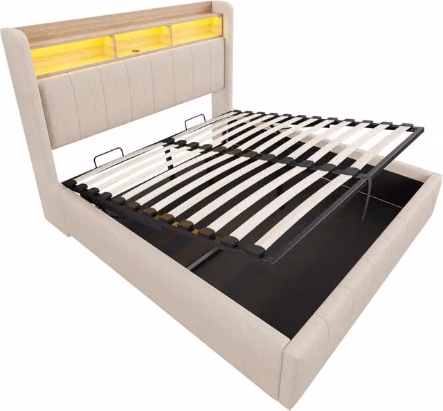 Letto imbottito 140x200 cm in lino beige con illuminazione LED colorata, USB, testiera con ripiani e vano contenitore con sistema idraulico