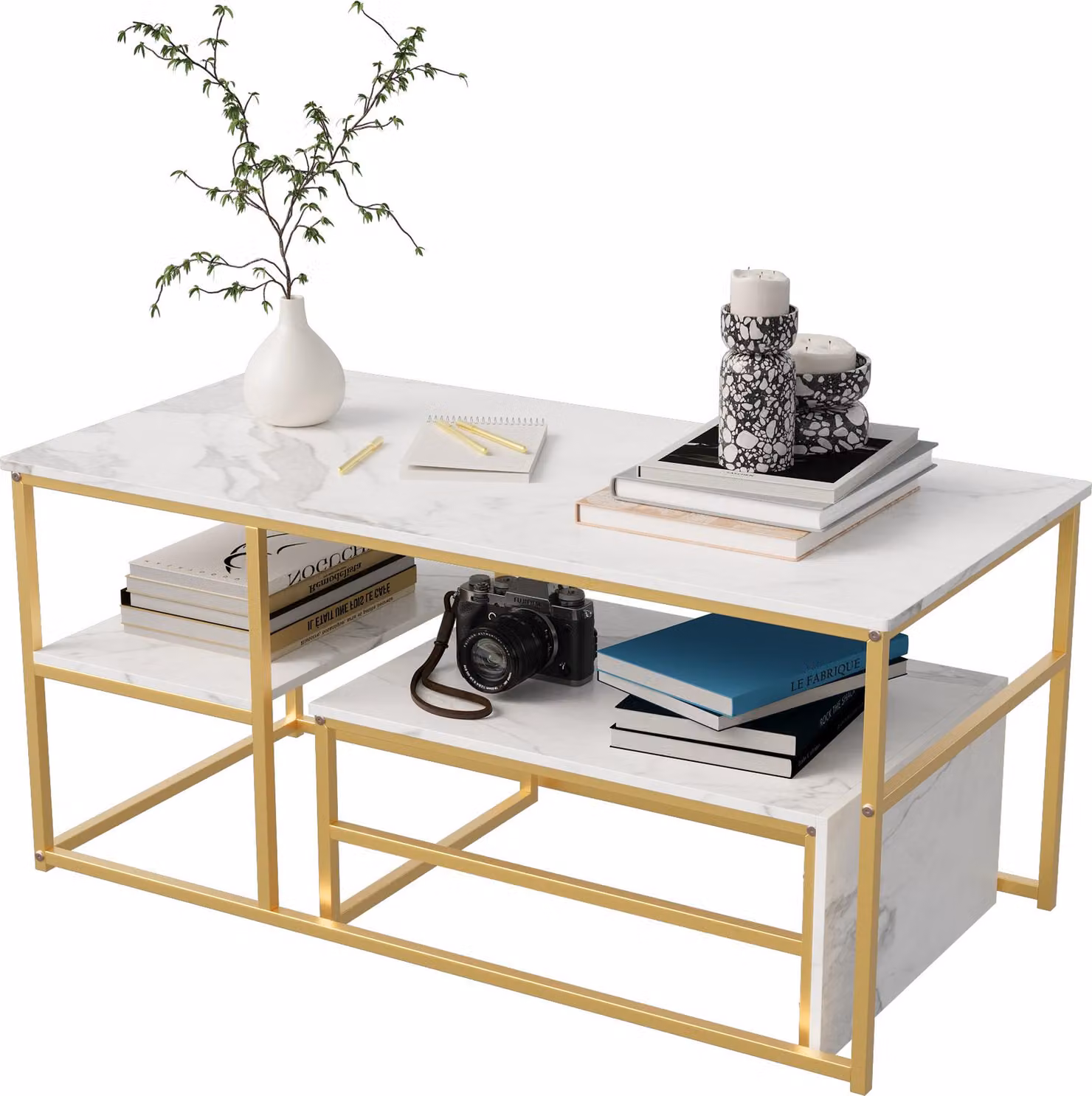 Tavolino da caffè UnboxG, tavolino da caffè con 2 ripiani, tavolino con aspetto marmoreo e struttura in metallo, tavolino da salotto tavolo da divano per soggiorno casa ufficio, 105 x 52 x 48,5 cm