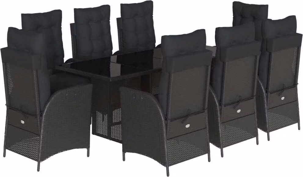 Set da Pranzo da Giardino 9 pz con Cuscini Nero in Polyrattan