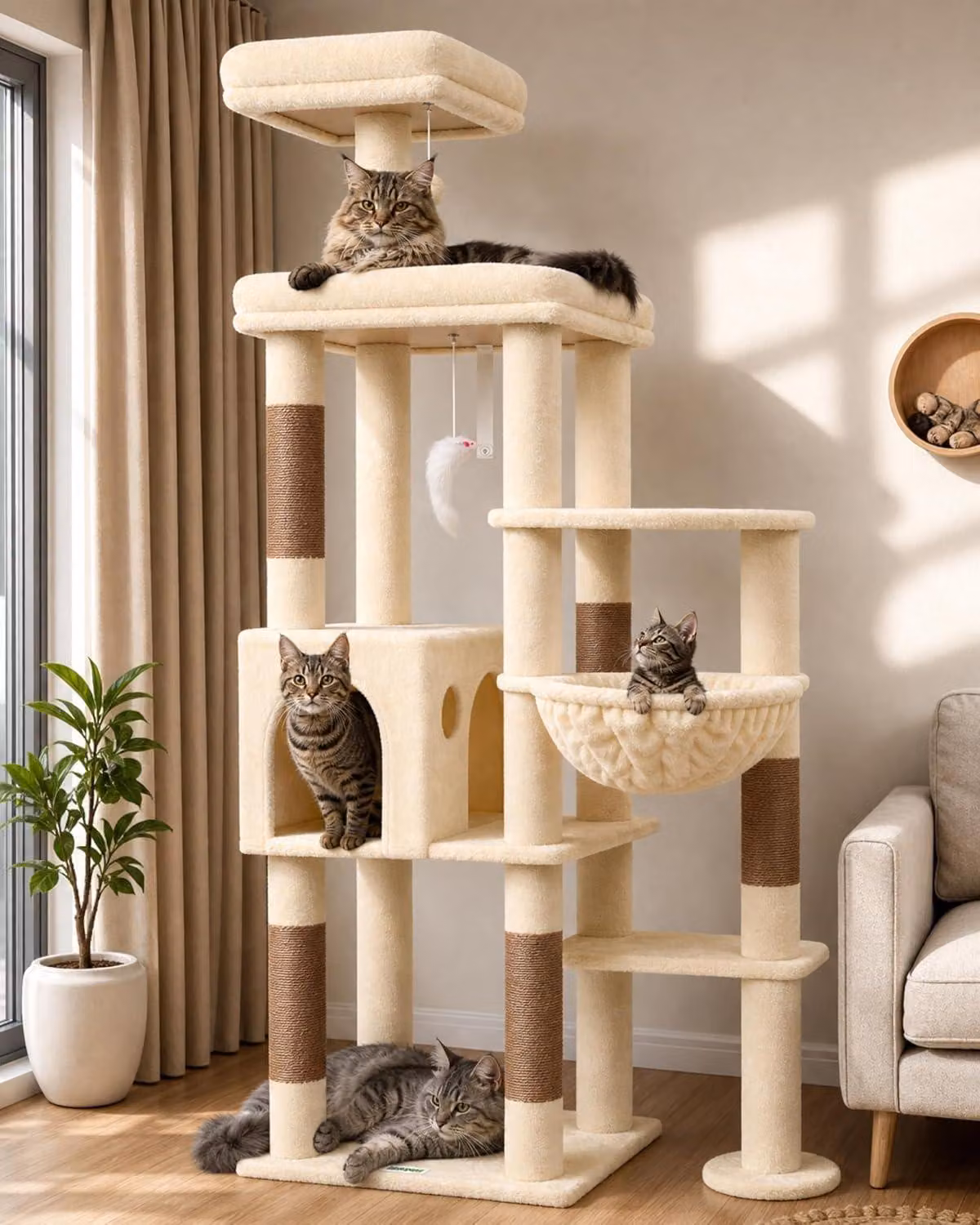 Albero per gatti Kratzbaum, color beige, taglia XL, grande, altezza 167 cm, ampia piattaforma, palo imbottito, casetta per gatti, cesta, giocattolo in peluche, stabile