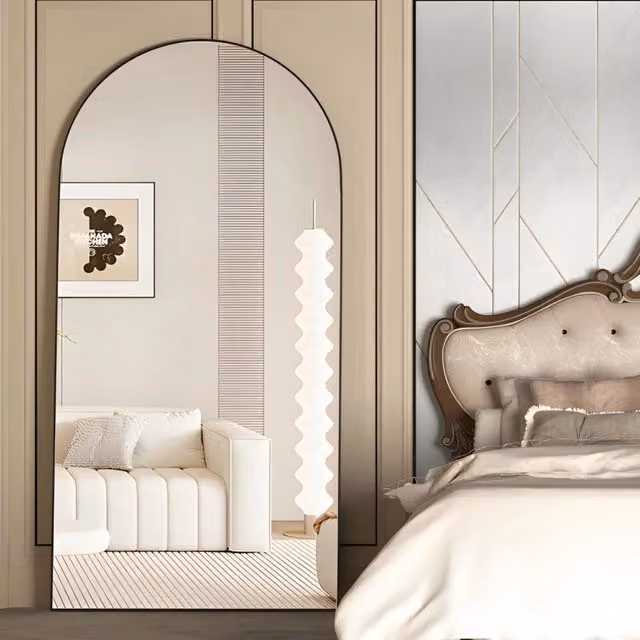 Specchio da pavimento bombato CASSILANDO con cornice in lega di alluminio e design moderno, H: 180 cm, L: 60 cm, Colore: nero