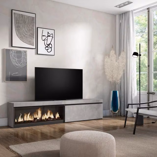 Mobile TV, Soggiorno, 208x35x45cm, Per TV fino a 80", Camino elettrico XXL, grigio cemento RF3204