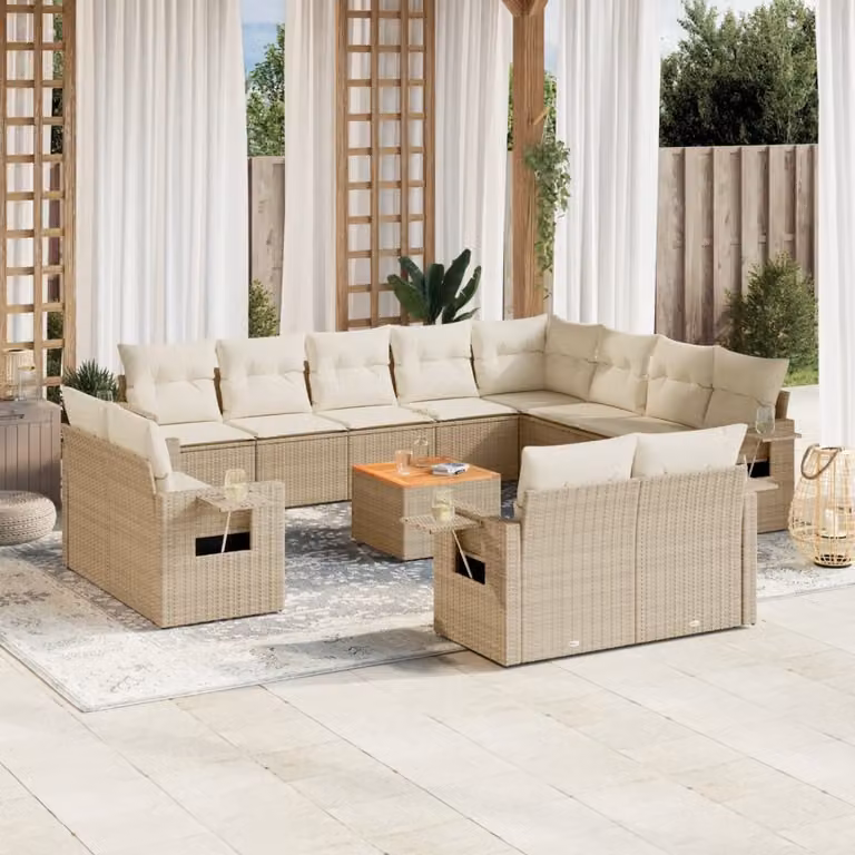 vidaXL Set Divano da Giardino a L da 13 Pezzi in Polyrattan con Cuscini Beige e Tavolino da Esterno