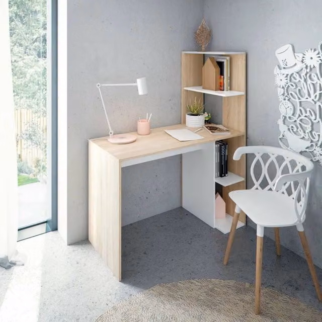 Scrivania Abba DMORA con libreria, tavolo ufficio moderno Bianco e Rovere, L: 110 cm, P: 52 cm, H: 136 cm