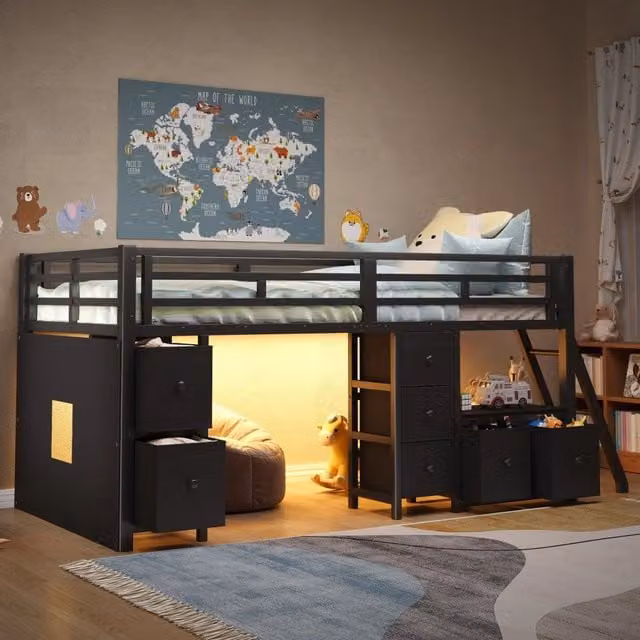 Letto a soppalco Mivray per bambini in MDF e metallo nero con 7 cassetti, ripiani aperti, illuminazione LED e tenda, L/P: 90 x 200 cm