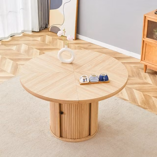 Tavolo da pranzo rotondo con vano contenitore a colonna in MDF finitura legno diametro 115 cm altezza 74 cm
