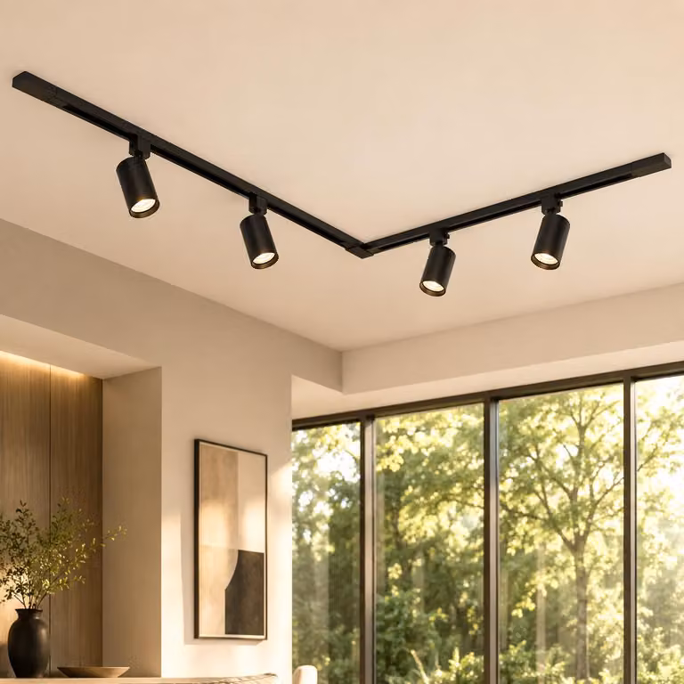 Pannello a LED nero con 4 faretti orientabili, sistema a binario da 1,5 metri, set di plafoniere, faretti da soffitto orientabili, inclusi 4 portalampade GU10