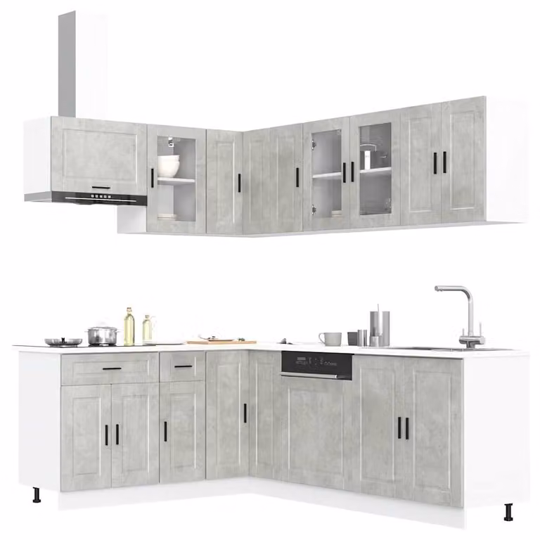 Set di mobili da cucina moderno vidaXL composto da 11 pezzi in colore grigio cemento con ante a cerniera e ripiani interni