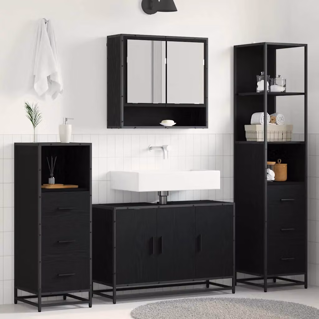 Set di mobili per il bagno vidaXL 3 pezzi in stile minimalista, colore marrone e nero, con armadietto a specchio, mobile lavabo e pensile, L/P/H: 90 x 33 x 166 cm
