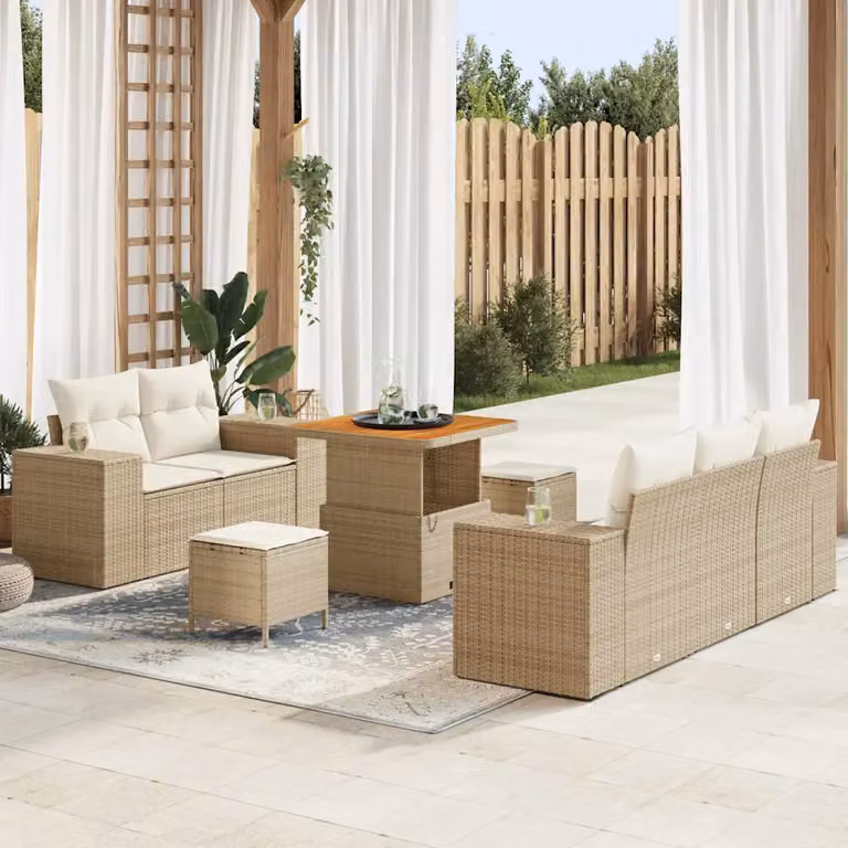 vidaXL Set Divano da Giardino 8 posti Beige con Cuscini e Tavolino in Metallo e Rattan