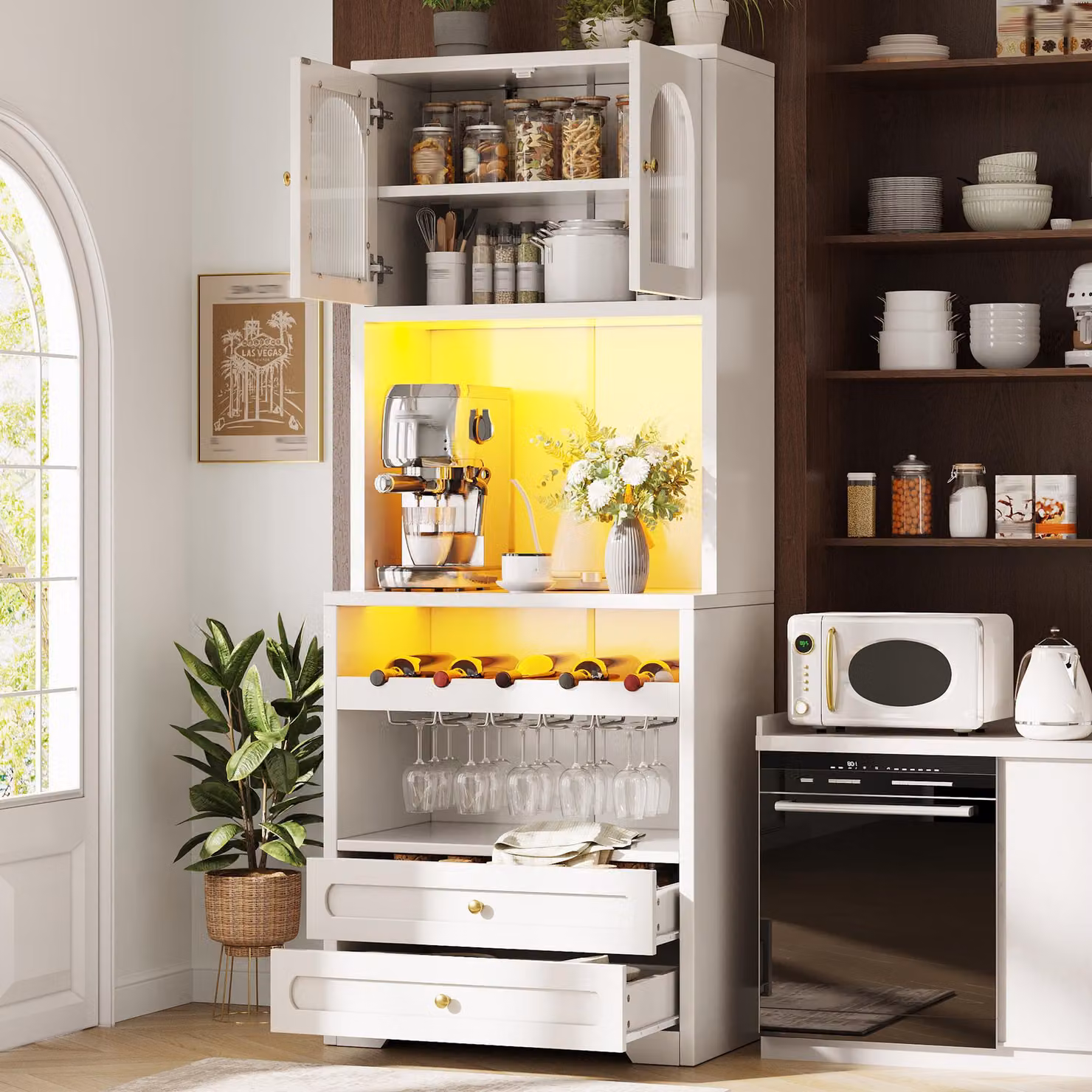 Armadio alto da 180 cm con ante in vetro bombato, illuminazione a LED, mobili da cucina con ripiani regolabili, scaffale per vino, porta USB, mobile contenitore, colore bianco
