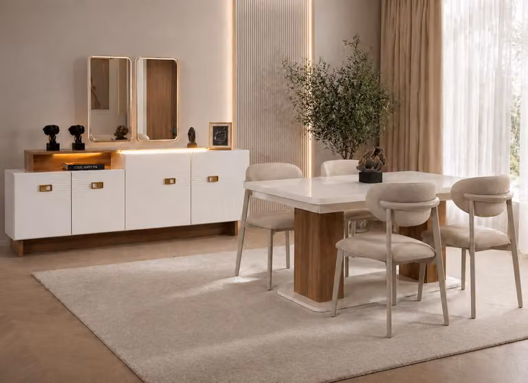 Set da pranzo elegante, bianco, con tavolo in legno, 4 poltrone imbottite e un mobiletto contenitore
