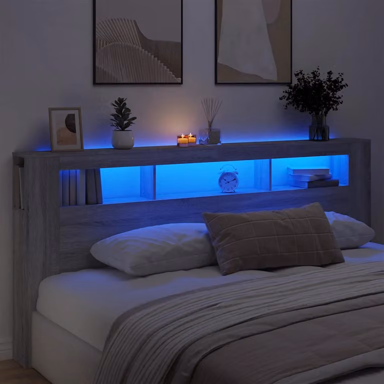 Testiera per letto con LED e porta USB vidaXL in legno multistrato, Grigio Sonoma, L: 220 cm, P: 18,5 cm, H: 103,5 cm