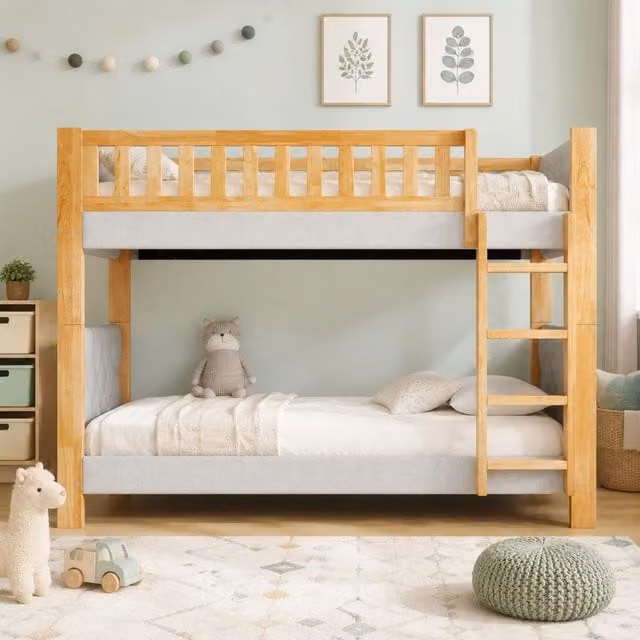 Letto a castello per bambini 90x200 cm con scala dritta a 4 gradini; grigio e naturale