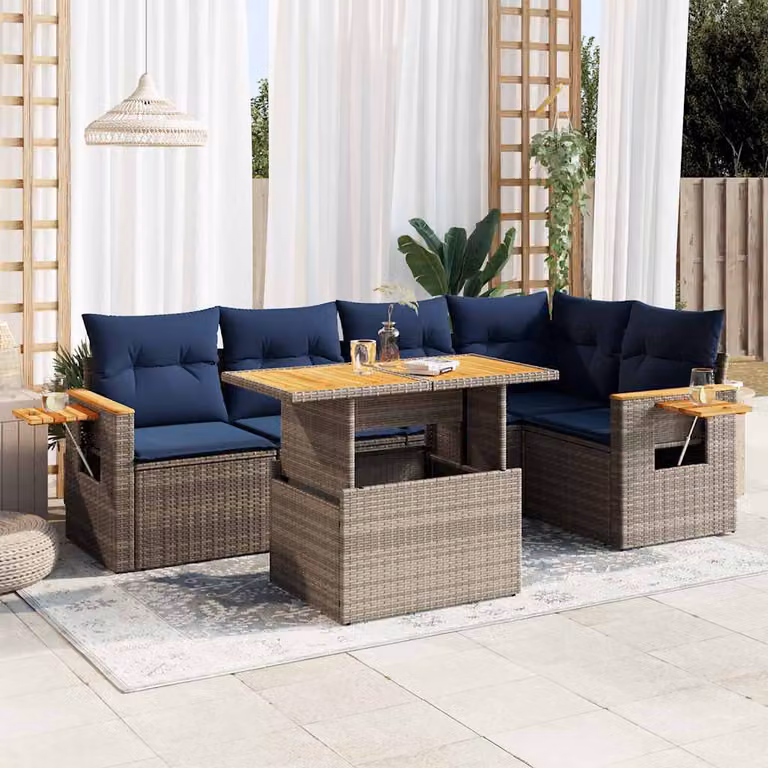 Set Divano da Giardino vidaXL 6 Pezzi a Forma di L in Polyrattan con Cuscini e Tavolino, Colore Grigio e Blu