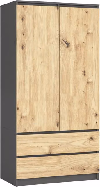 Armadio AKORD S90 Grigia Grafite 90 cm 2 ante 2 cassetti inserto frontale Quercia Artisan 90x51x180 cm
