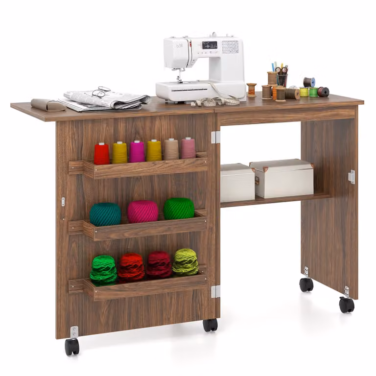 COSTWAY Armadio e scrivania da cucito 2 in 1, tavolo da cucito pieghevole, tavolo per macchina da cucire su ruote, mobile multiuso per macchina da cucire, tavolo da lavoro per soggiorno, camera da letto e ufficio, 59x40x79,5 cm (caffè)