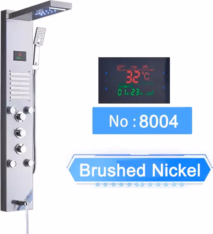 Pannello doccia a LED, funzioni multiple dell'acqua, display digitale della temperatura, nichel spazzolato 8004