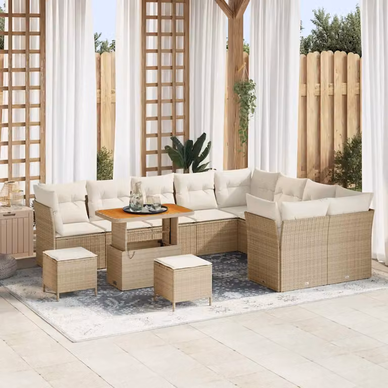 Set Divano da Giardino vidaXL a forma a U con 12 pezzi, Beige, con Cuscini e Tavolino, Struttura in Acciaio Verniciato a Polvere