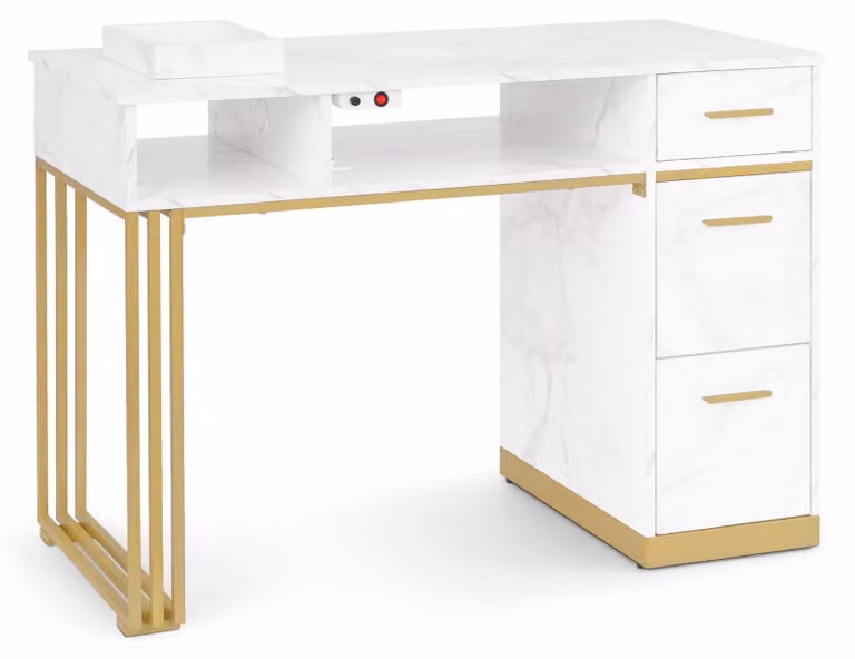 Tavolo per manicure - Con aspirazione - 3 cassetti - 2 ripiani - Oro bianco
