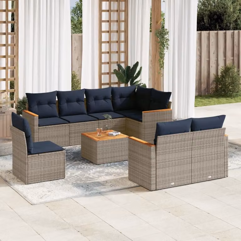 Set di divani da giardino vidaXL 9 pezzi con cuscini e tavolino, design moderno a L in rattan e metallo, colore grigio e blu
