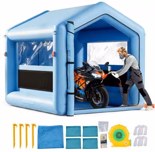 VEVOR Cabina per Verniciatura Gonfiabile Blu con Ventilatore da 550 W, Tenda per Vernice a Spruzzo con Tetto Triangolare, Finestre e Sistema di Filtraggio dell'Aria in Tessuto Oxford 210D, L/P/H: 3 x 2,5 x 2,5 m