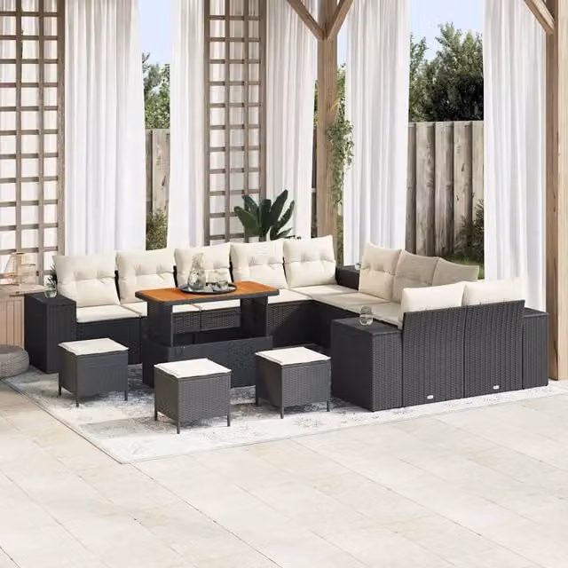 Set Divano da Giardino 14 pz vidaXL in Polyrattan Nero e Beige con Cuscini e Tavolino da Esterno – 1