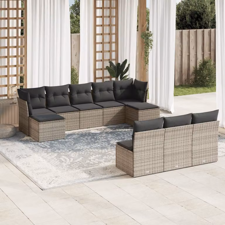 Set Divano da Giardino vidaXL 10 pz in Polyrattan Grigio con Cuscini Imbottiti e Coperture Rimosse