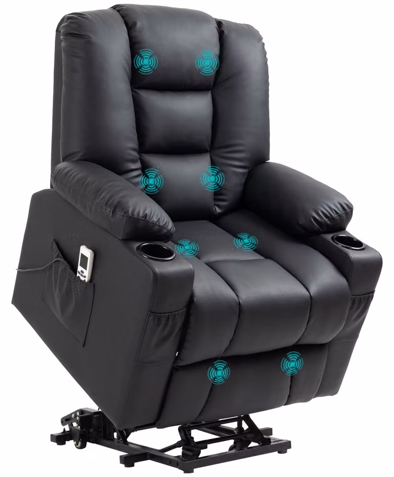 Poltrona relax con funzione di assistenza alla alzata, porta USB, funzione massaggio, Pelle finta, portata massima 150 kg, 90x98x102 cm, nero, 100% poliestere