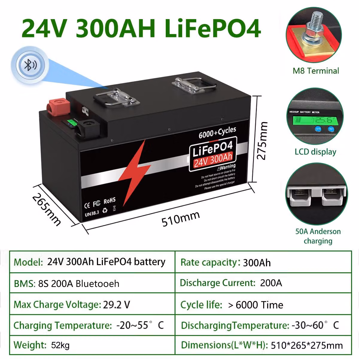 Batteria LiFePO4 da 24V, 300Ah - Capacità di 7,68 kWh - Tensione di 25,6V - Sistema di gestione della batteria (BMS) Bluetooth da 8S e 200A