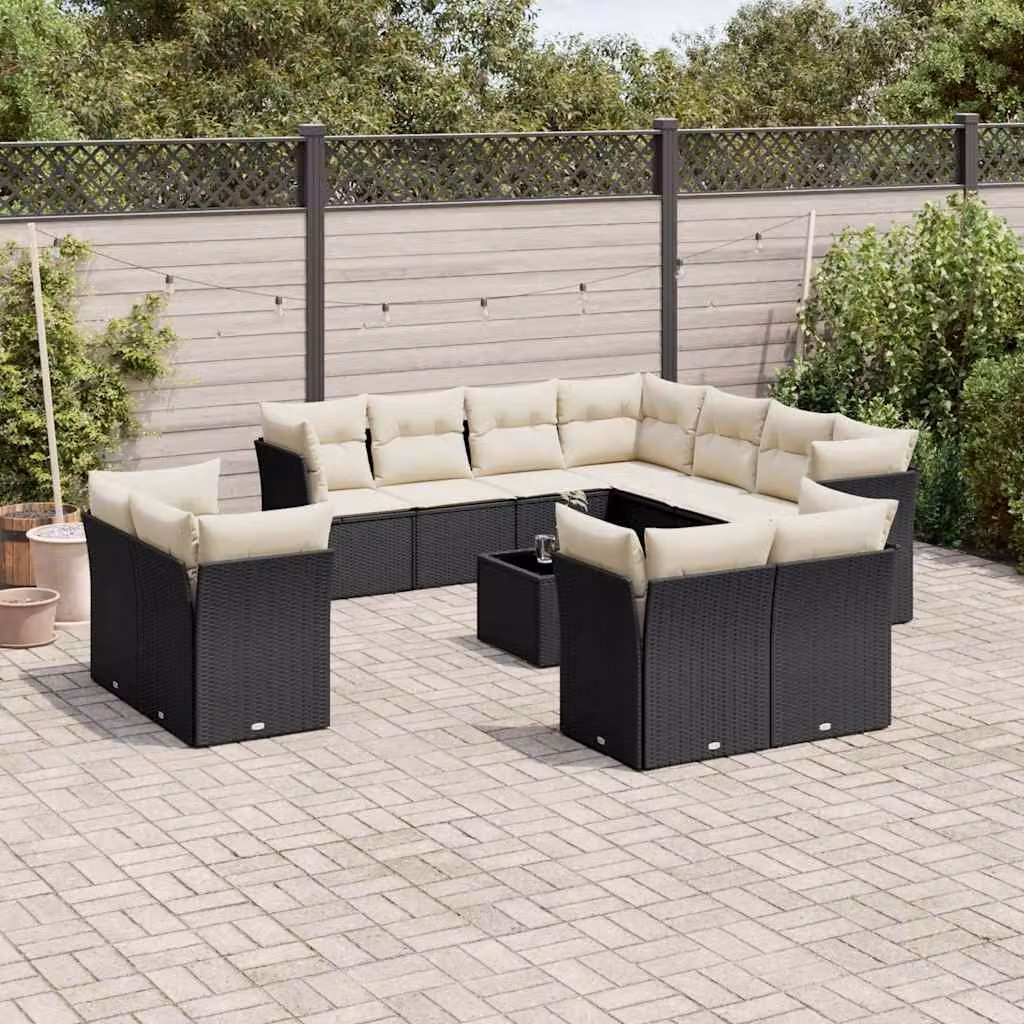 vidaXL Set Divani da Giardino 12 Pezzi a Forma di U con Cuscini e Tavolino in Polyrattan Nero – 1