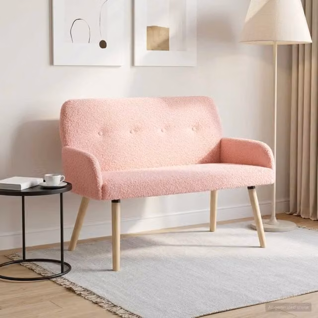 Divano a 2 posti moderno vidaXL in tessuto bouclé rosa con gambe in legno e metallo L: 115 cm, P: 86 cm, H: 58 cm