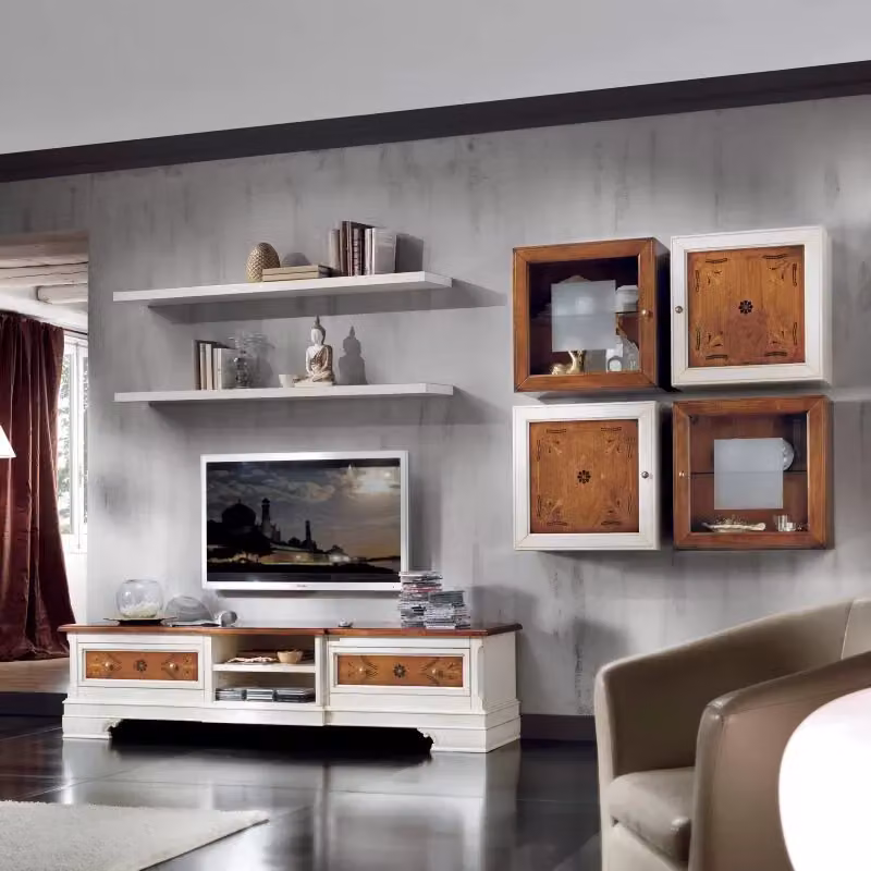 Parete attrezzata classica porta TV in legno stile shabby chic bicolore bianco e marrone Mobili 2G L: 200 cm, H: 96 cm, P: 52 cm – 2