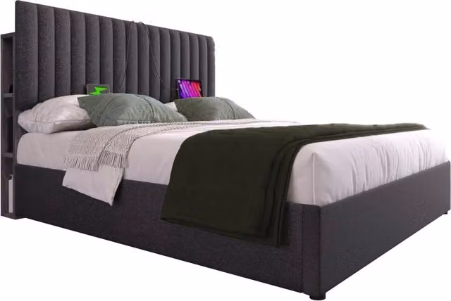 Letto 160x200 cm in lino grigio con contenitore， LED e USB， senza materasso