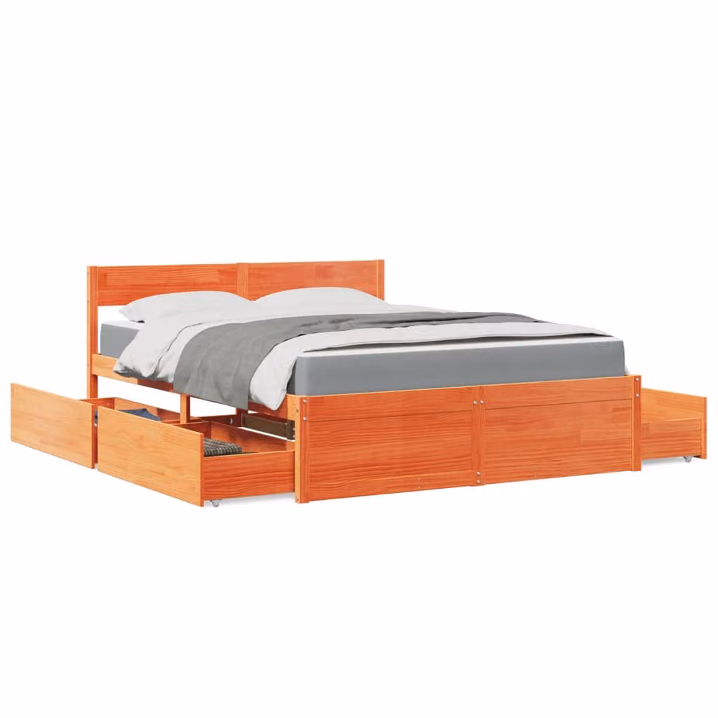 Letto con cassetti e materasso vidaXL in legno massello di pino cerato L/P/H: 205.5 x 160 x 78 cm
