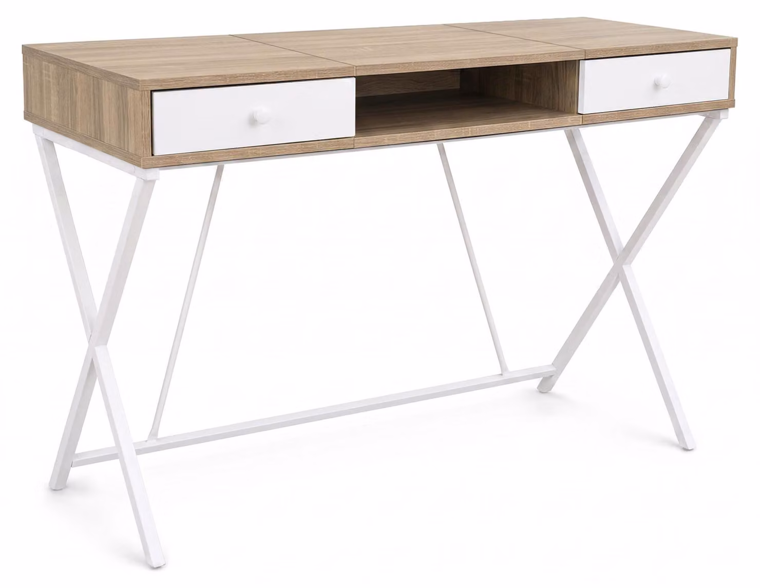 Scrivania PC industriale Rovere Sonoma CROSSLINE 120 cm 2 cassetti 1 ripiano gambe bianche
