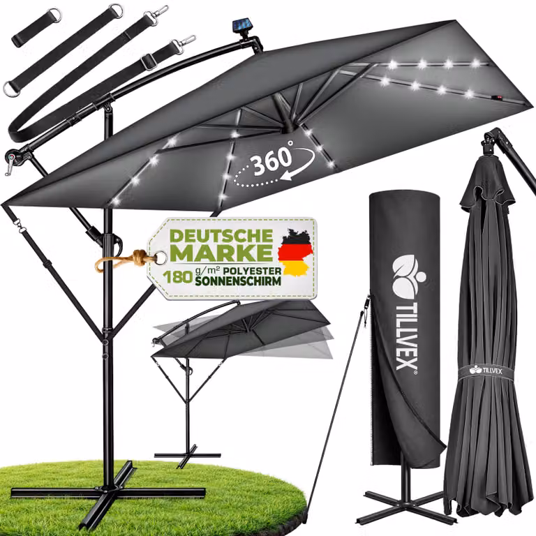 tillvex® Parasole rettangolare in alluminio, diametro 330 cm, con luci LED solari, colore blu navy + copertina con manovella | Parasole a gondola con supporto | Parasole da giardino con protezione UV, impermeabile, rotazione a 360° | Parasole con manovell