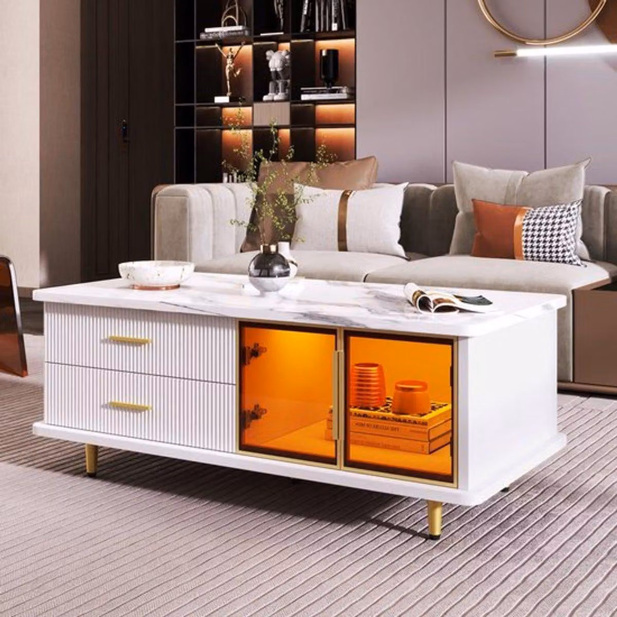 Tavolino da salotto - Lunghezza 115 cm - Bianco con effetto marmo - Striscia LED - Vetro e legno