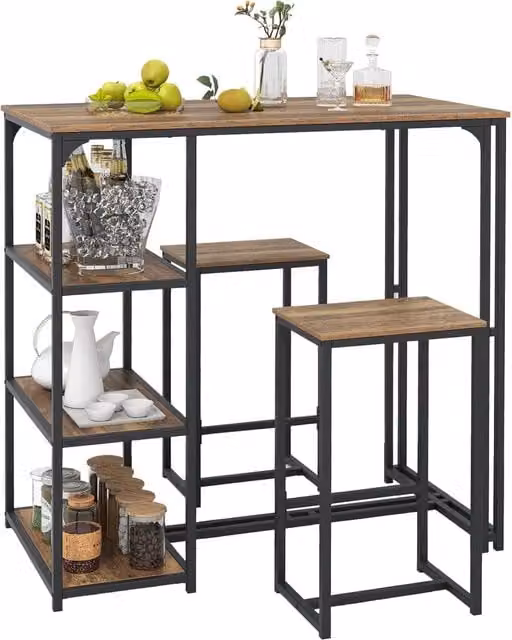 Set di Tavolo da Bar con 2 Sgabelli e 3 Ripiani Portaoggetti Costway, Design Industrial in MDF e Metallo, Colore Marrone e Nero, L/P/H: 110 x 60 x 110 cm – 1