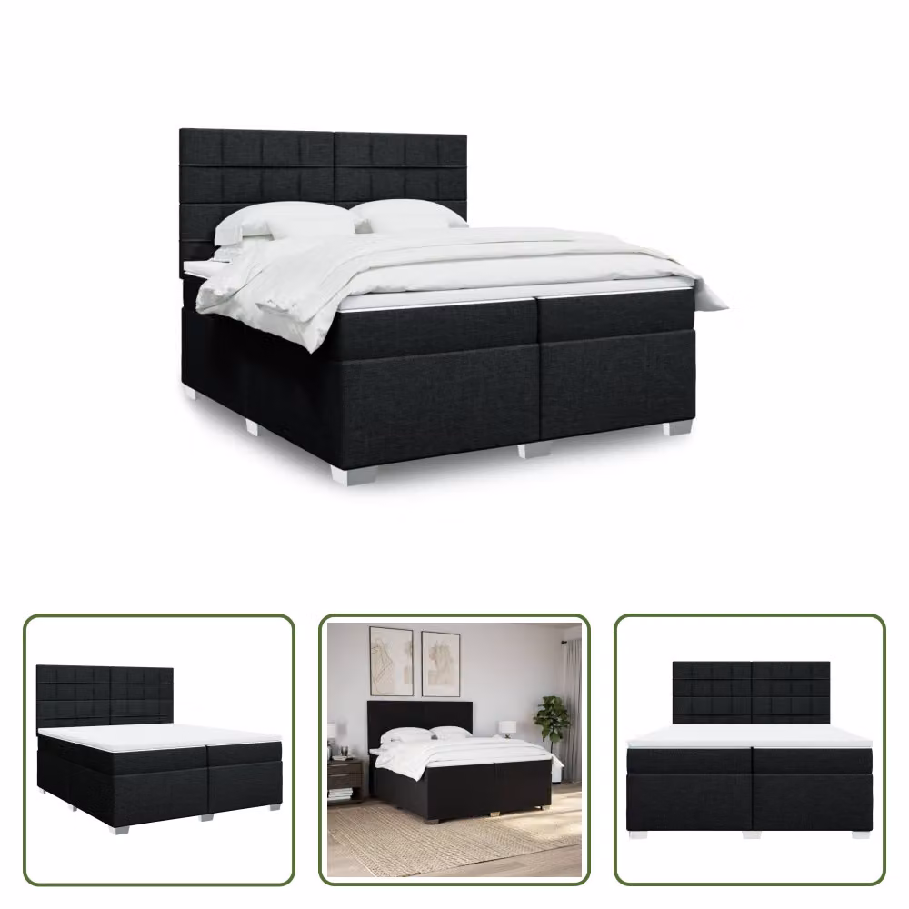 The Living Store Letto a molle con materasso nero 200x200 cm in tessuto