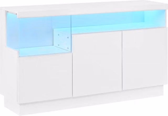 Madia Chicfurn moderna con 3 ante e vano a giorno in acrilico con LED, finitura lucida bianca, per soggiorno o sala da pranzo, L: 140 cm, P: 36 cm, H: 80 cm