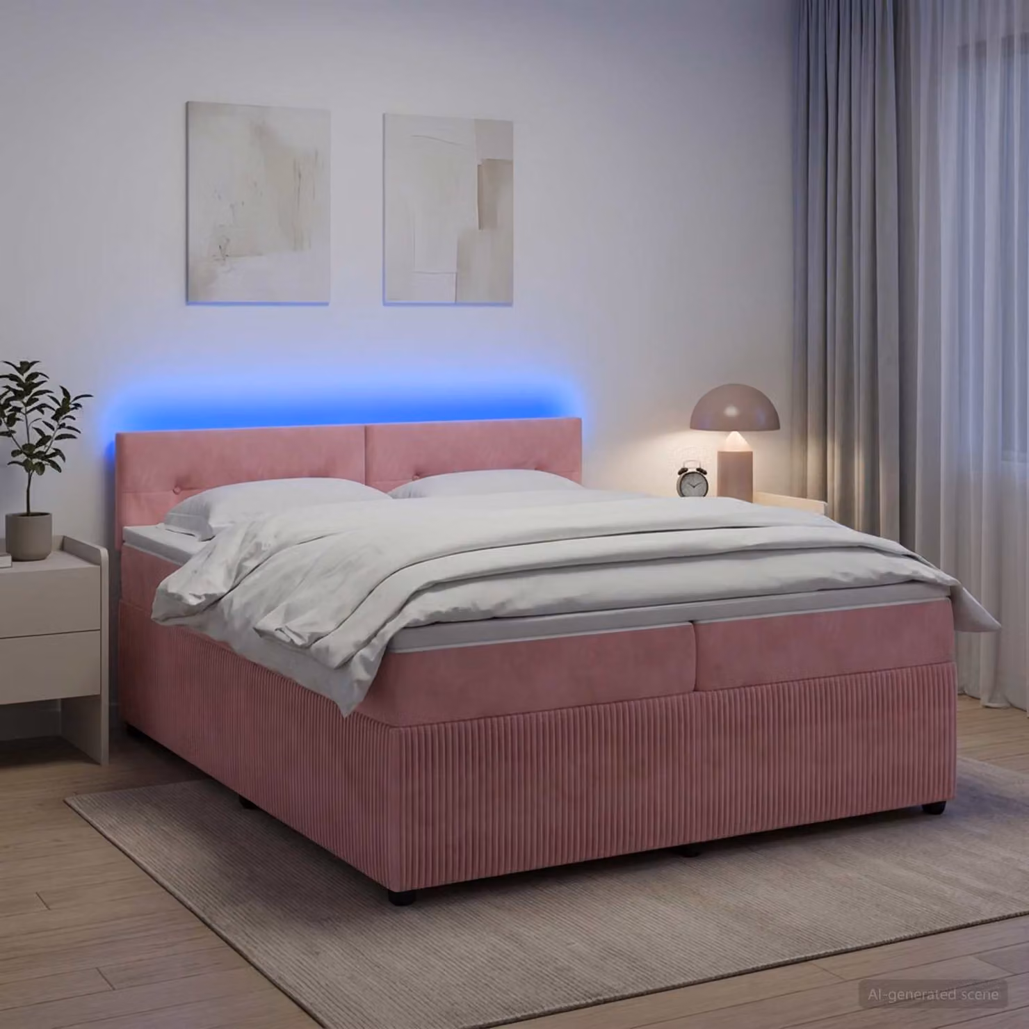 Letto box spring vidaXL con materasso ibrido in velluto rosa, dotato di illuminazione sottostante e porta di ricarica USB, L/P: 200 x 200 cm