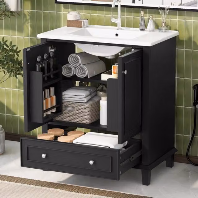 Mobile bagno moderno nero con lavabo in ceramica e ripiani interni L: 76 cm, P: 46 cm, H: 87 cm