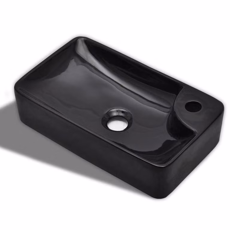 Lavandino Bagno in Vetroceramica Nera con Foro per Rubinetto